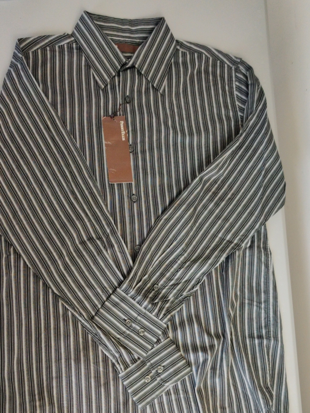 Perry Ellis Men's Long-Sleeve Striped Dress Shirt - Black & White